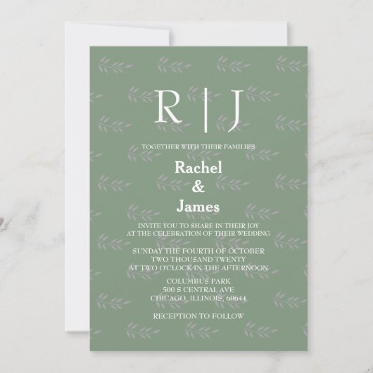 Invitation Sage Green Monogrammes QR Code Leaf Motif Mariage (Devant)