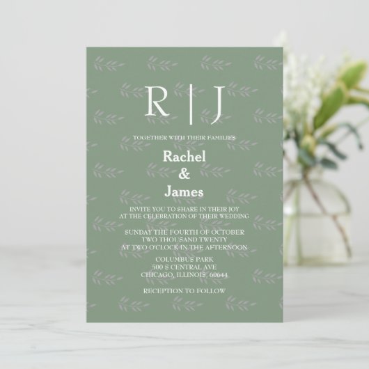 Invitation Sage Green Monogrammes QR Code Leaf Motif Mariage (Debout devant)