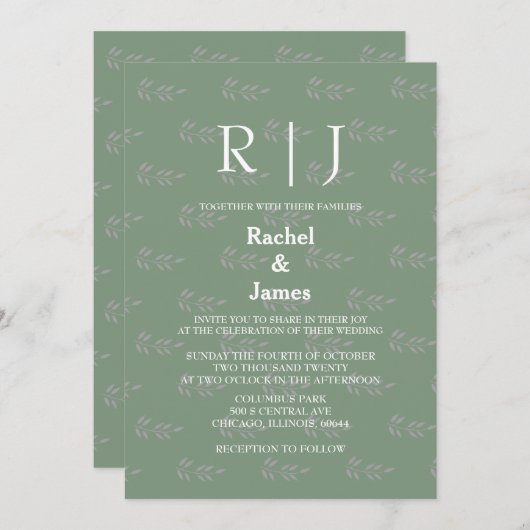 Invitation Sage Green Monogrammes QR Code Leaf Motif Mariage (Devant / Derrière)