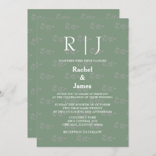 Invitation Sage Green Monogrammes QR Code Leaf Motif Mariage