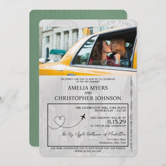 Invitation Sage Green New York City Passport Mariage (Devant / Derrière)