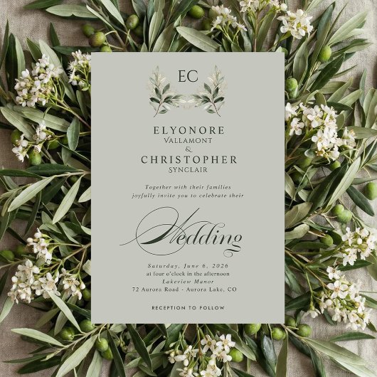 Invitation Sage Green Olive Branch Monogram Photo Wedding