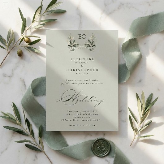 Invitation Sage Green Olive Branch Monogram Wedding