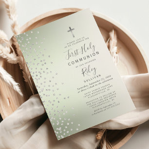 Invitation Sage Green Ombre Confetti Première Communion Saint