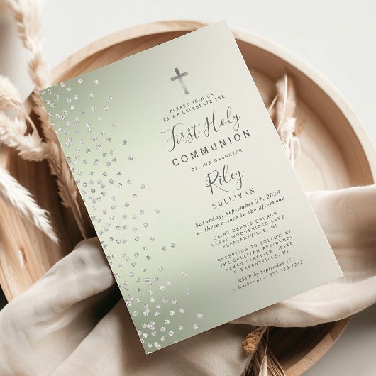 Invitation Sage Green Ombre Confetti Première Communion Saint