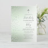Invitation Sage Green Ombre Confetti Première Communion Saint (Debout devant)