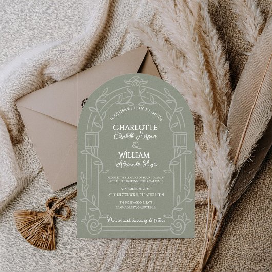 Invitation Sage Green Ornate Arch Botanical Wedding