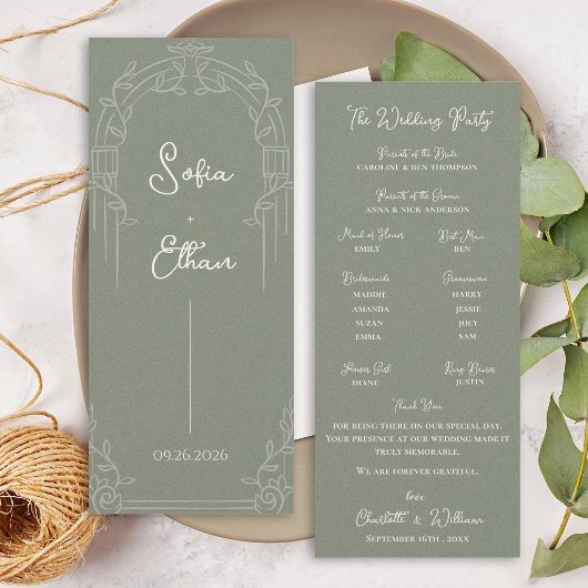 Invitation Sage Green Ornate Arch Botanical Wedding Program 
