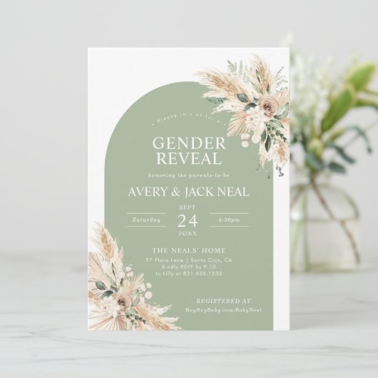 Invitation Sage Green Pampas Grass Baby Genre Revela (Debout devant)