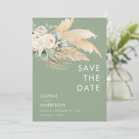 Invitation Sage Green Pampas Grass Boho Enregistrer La Date (Debout devant)