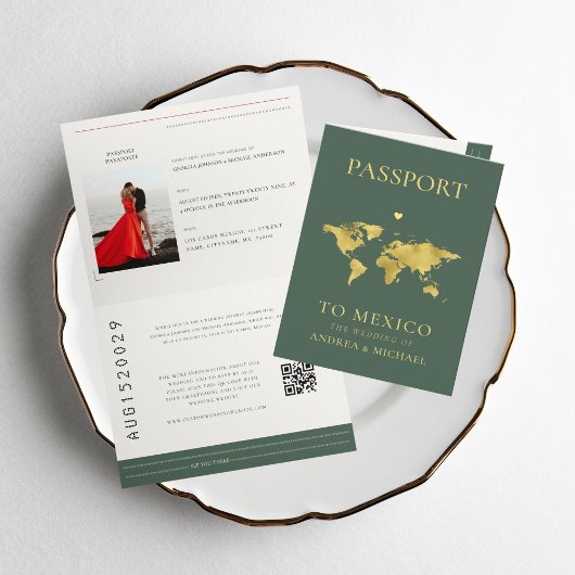 Invitation Sage Green Passeport Voyage Destination Mariage