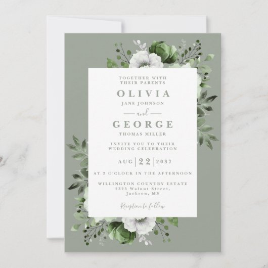 Invitation Sage Green Pays élégant Floral QR Code Mariage (Devant)
