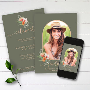 Invitation Sage Green Peach Floral Arch Photo Graduation