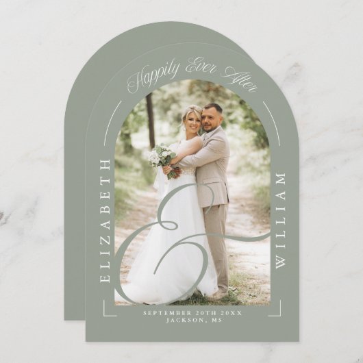 Invitation Sage Green Photo Arch Script Mariage Réception (Devant / Derrière)