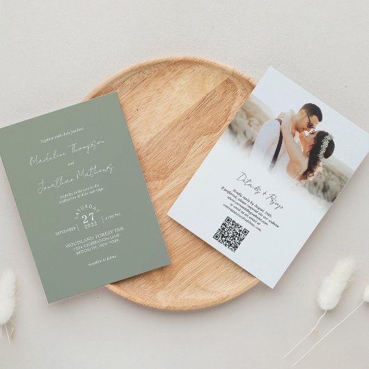 Invitation Sage Green Photo Budget Mariage QR Code Rsvp