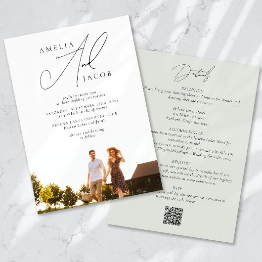 Invitation Sage Green Photo moderne QR Code Tout en un Mariag