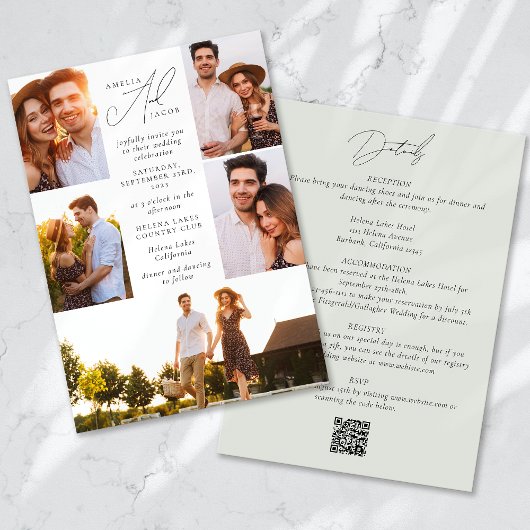 Invitation Sage Green Photo moderne QR Code Tout en un Mariag