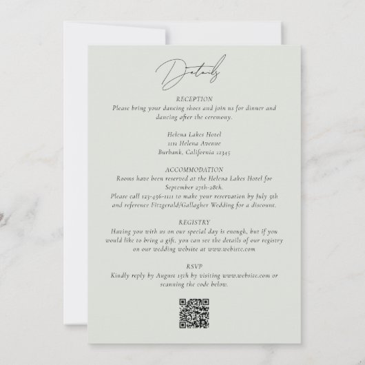 Invitation Sage Green Photo moderne QR Code Tout en un Mariag (Dos)