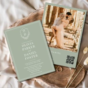 Invitation Sage Green Photo QR Code Classic Crest Mariage