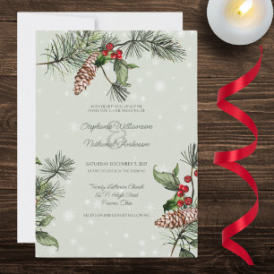 Invitation Sage Green Pine & Holly en Mariage de neige