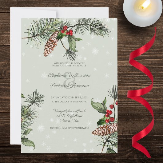 Invitation Sage Green Pine & Holly en Mariage de neige