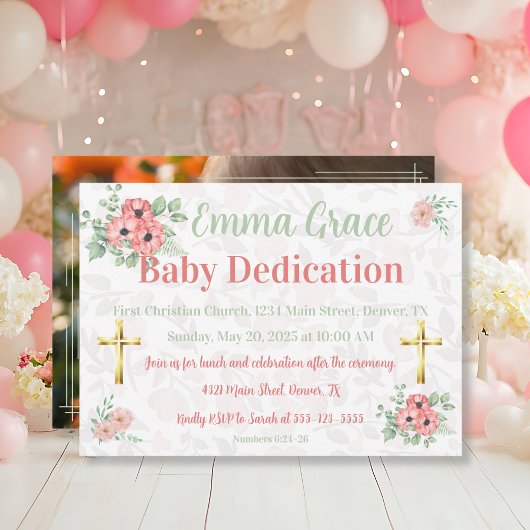 Invitation Sage Green & Pink Floral Photo Baby Dedication