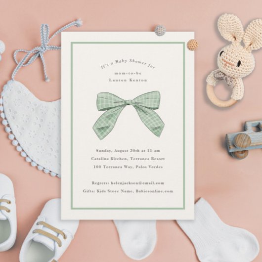 Invitation Sage Green Plaid Bow Élégant Baby shower