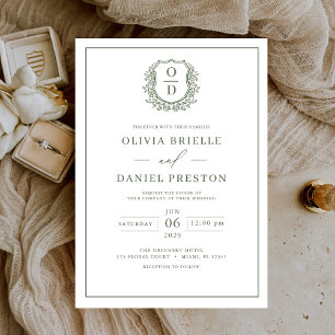 Invitation Sage Green Poitrine feutrée Monogramme Mariage élé