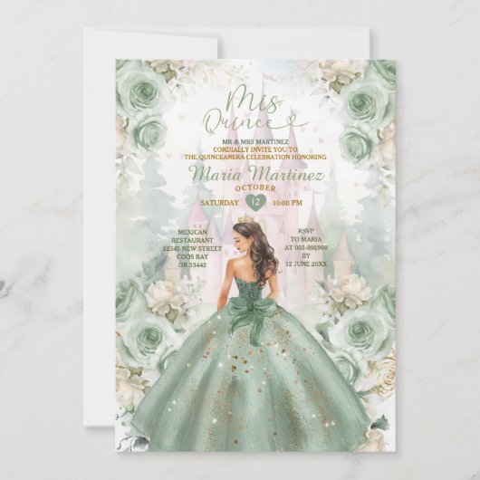 Invitation Sage Green Princess Castle et Forest Mis Quince (Devant)