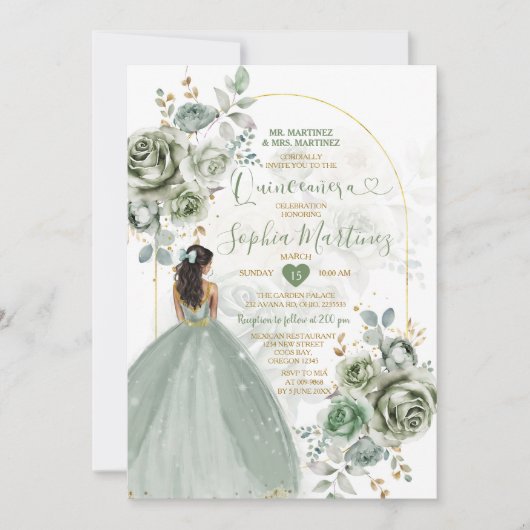 Invitation Sage Green Princess Florals Gold Crown Quiñceanera (Devant)