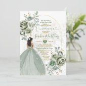 Invitation Sage Green Princess Florals Gold Crown Quiñceanera (Debout devant)