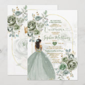 Invitation Sage Green Princess Florals Gold Crown Quiñceanera (Devant / Derrière)