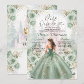 Invitation Sage Green Princesse et Château Floral Mis Quince (Devant / Derrière)