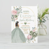 Invitation Sage Green Princesse Robe Rose Floral Quiñceanera (Debout devant)