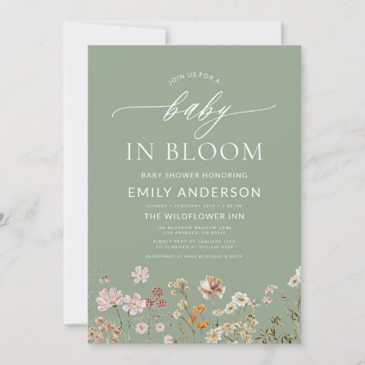 Invitation Sage Green QR Code Fleur sauvage Baby in Bloom (Devant)