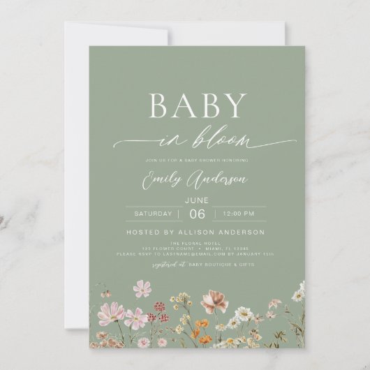 Invitation Sage Green QR Code Fleur sauvage Baby in Bloom (Devant)