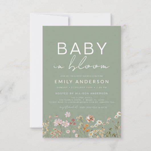 Invitation Sage Green QR Code Fleur sauvage Baby in Bloom Dou (Devant)