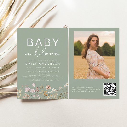 Invitation Sage Green QR Code Fleur sauvage Baby in Bloom Dou