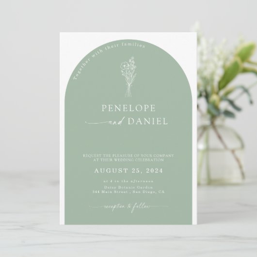 Invitation Sage Green QR Code Mariage Arc 2 en 1 (Debout devant)