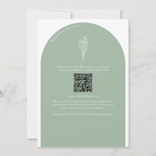 Invitation Sage Green QR Code Mariage Arc 2 en 1 (Dos)
