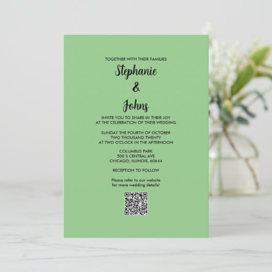 Invitation Sage Green QR Code noir Script simple Mariage (Debout devant)