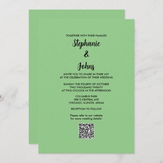 Invitation Sage Green QR Code noir Script simple Mariage (Devant / Derrière)