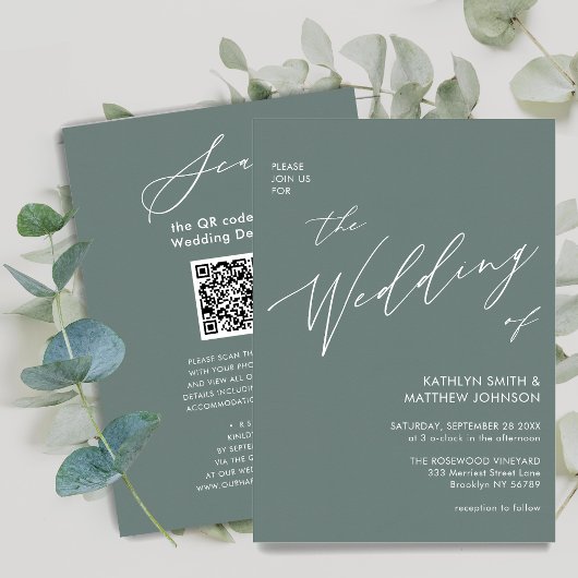 Invitation Sage Green QR Code Tout en un Mariage moderne