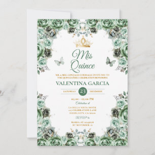Invitation Sage Green Quinceañera 15 Anos Fleurs Or Couronne