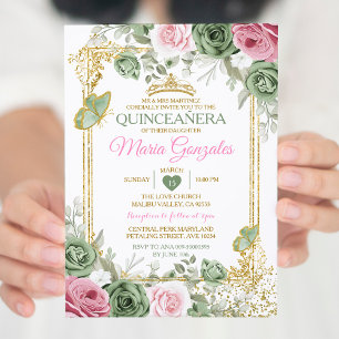 Invitation Sage Green Quinceañera Pink Gold Crown Butterfly
