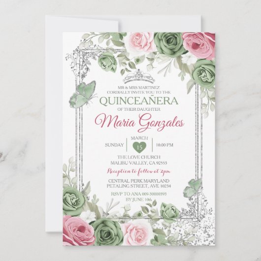 Invitation Sage Green Quinceañera Pink Silver Crown Papillon (Devant)