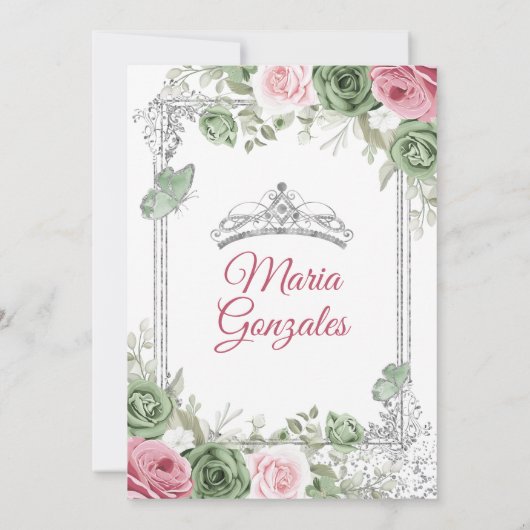 Invitation Sage Green Quinceañera Pink Silver Crown Papillon (Dos)