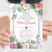 Invitation Sage Green Quinceañera Pink Silver Crown Papillon