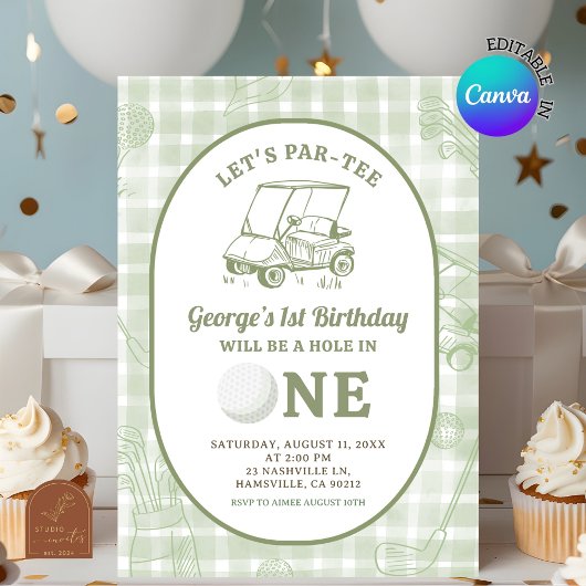 Invitation Sage Green Quirky En vichy Golf Premier anniversai