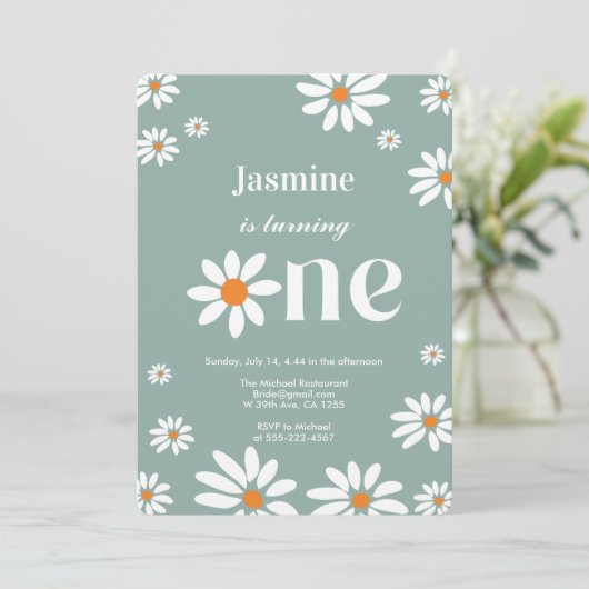 Invitation Sage Green Retro Super Daisy Florals 1er anniversa (Debout devant)